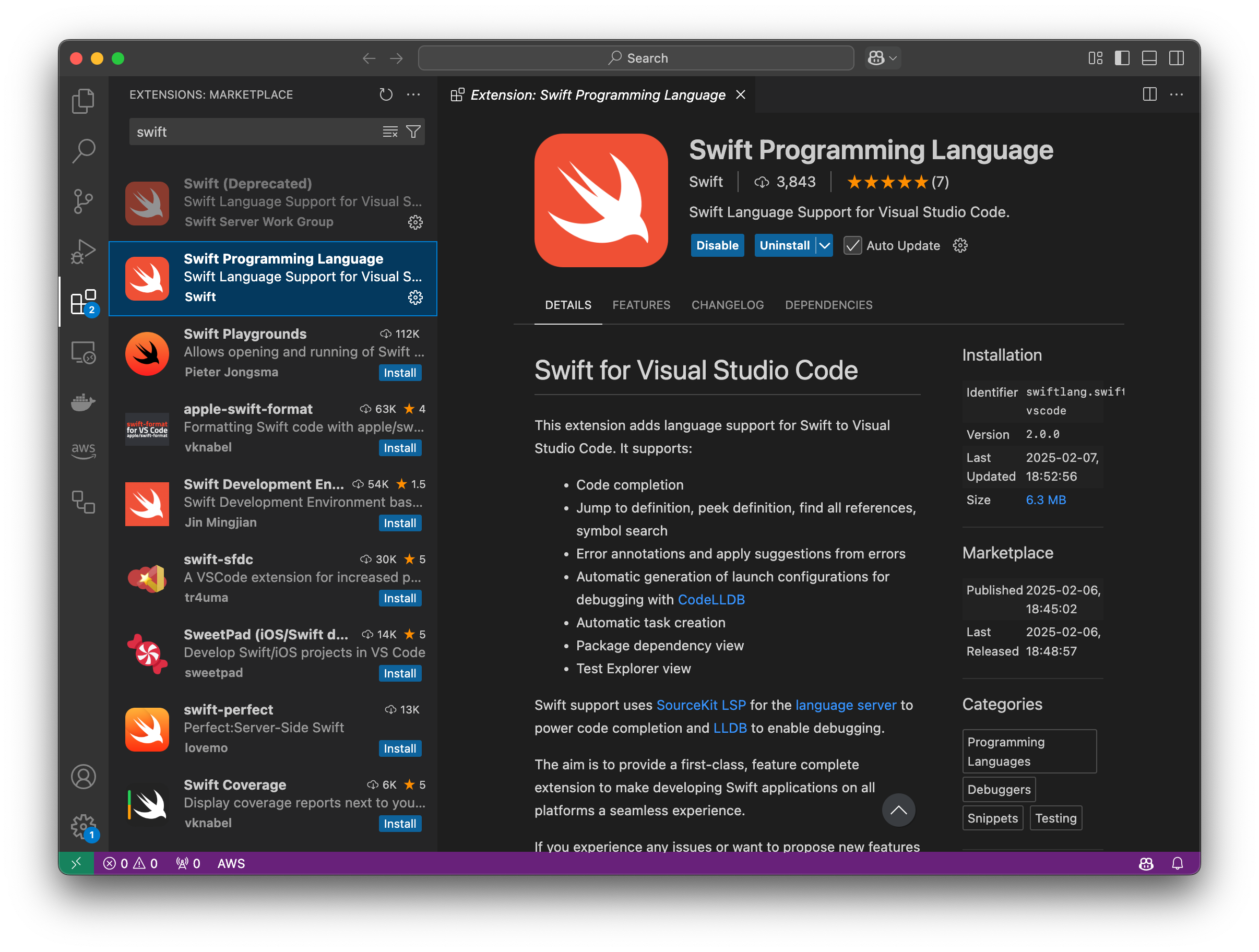 Installing the vscode-swift extension from the extensions pane